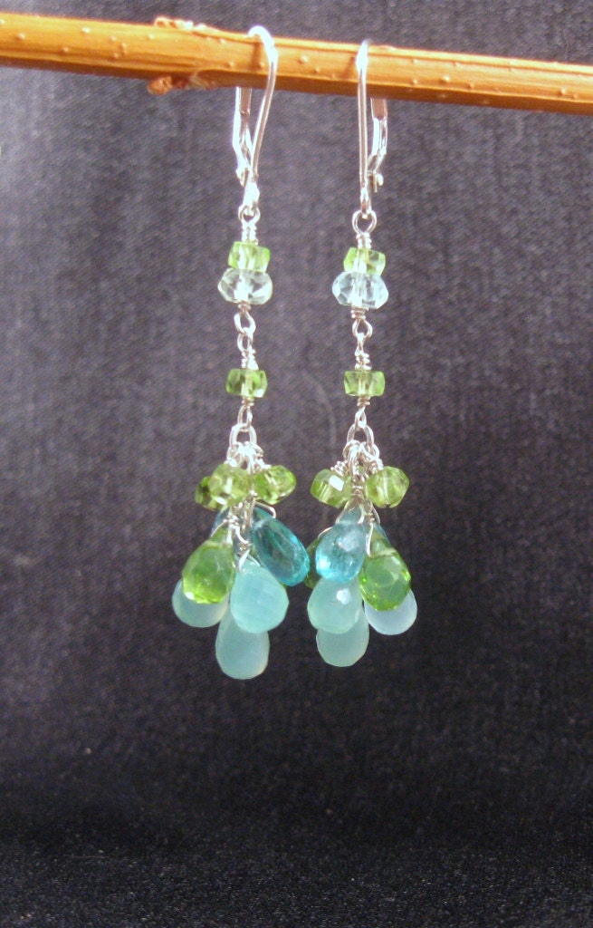 Peridot Cluster Earrings with Apatite, Aqua Chalcedony & Aquamarine in Silver