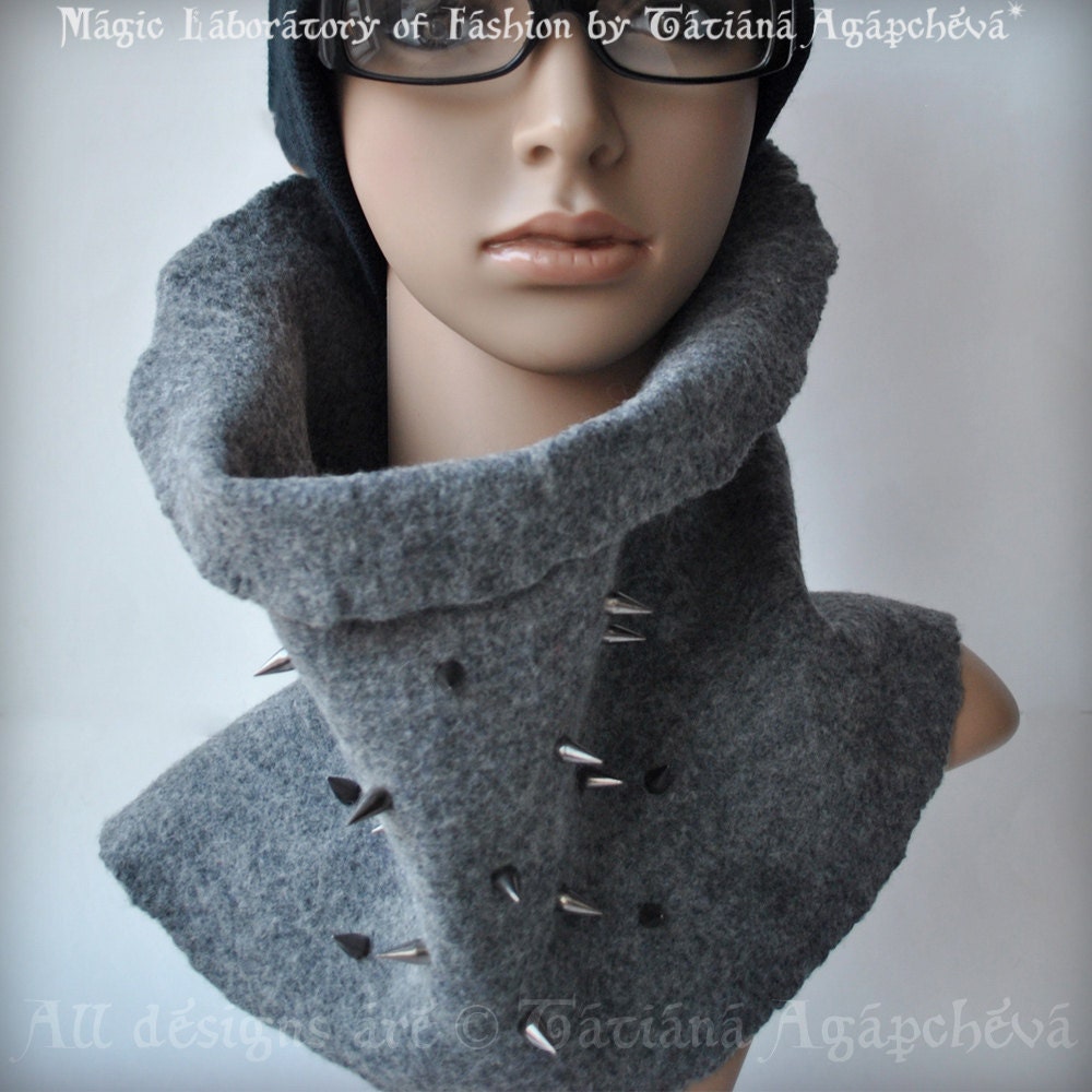 Scarf Women Men Unisex Hardware Grey Wool Felted Cowl Scarf Neckwarmer Gunmetal Spikes Eco friendly Urban Military Designer