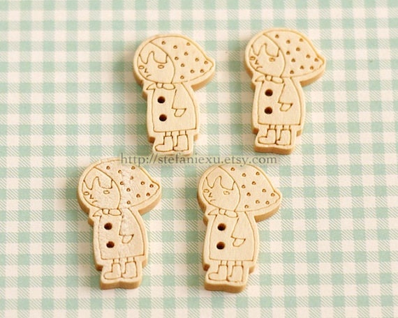 Wooden Buttons, Natural Color - Lonely Girl (4 in a set)