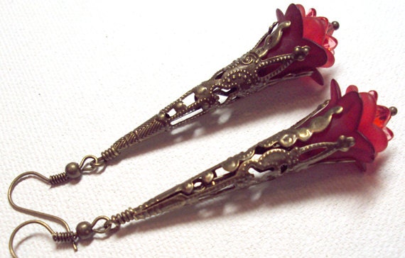 Jewelry, Earrings Dark Red, Lucite Tulips, Lily ,Swarovski Austrian Sparkling Hyacinth Red Crystals, Brass