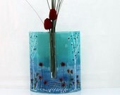 blue Fused glass  vase, red Poppy on blue tones landscape