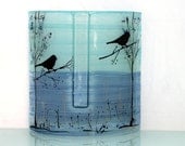 Teal blue tones  Fused glass  vase, bird  landscape