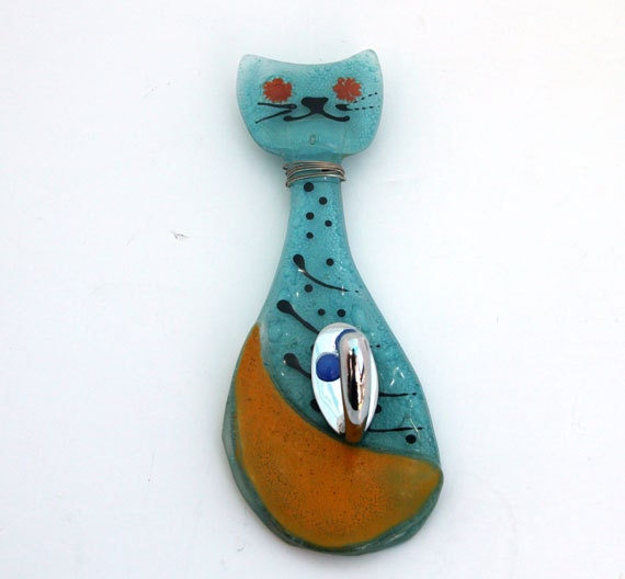 small wall Key Hanger , azure cat, Fused glass hanging wall art.