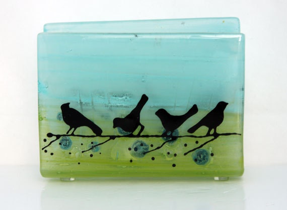 Fused Glass napkin holder ,green blue birds  landscape .