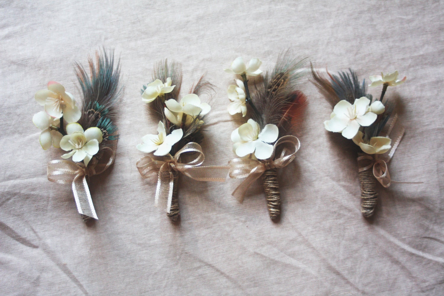 4 Feather and Cherry Blossom Boutonnieres with Champagne Ribbon, ready to ship