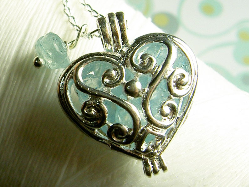 Worry Locket - aquamarine gemstones in heart locket sterling silver necklace