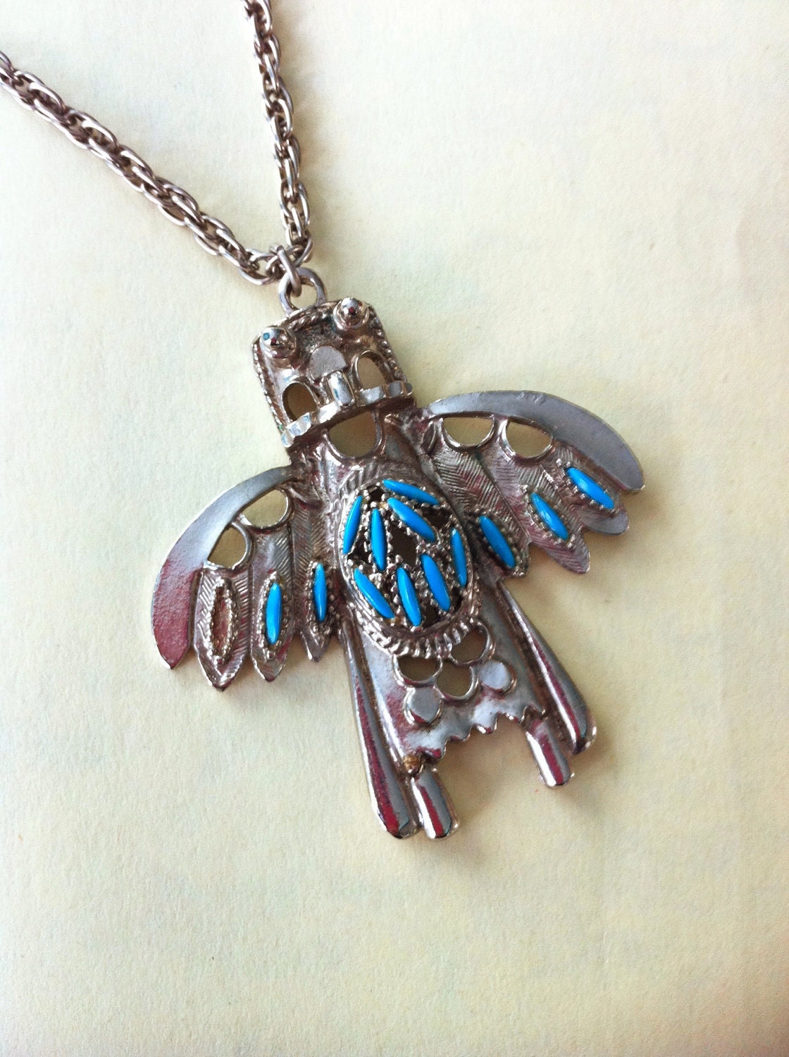 Vintage Kachina Thunderbird Pendant Necklace with Faux Turquoise Stones