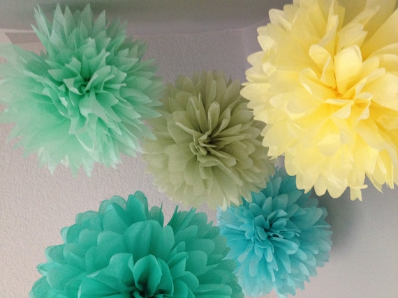 Caribbean Rhapsody - 5 Tissue Poms Destination Wedding DIY Decoration Kit - Tropical Blues and Greens Il_570xn