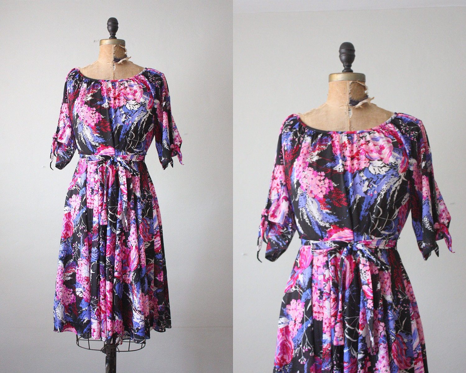 vintage 1970's dress - black floral dress