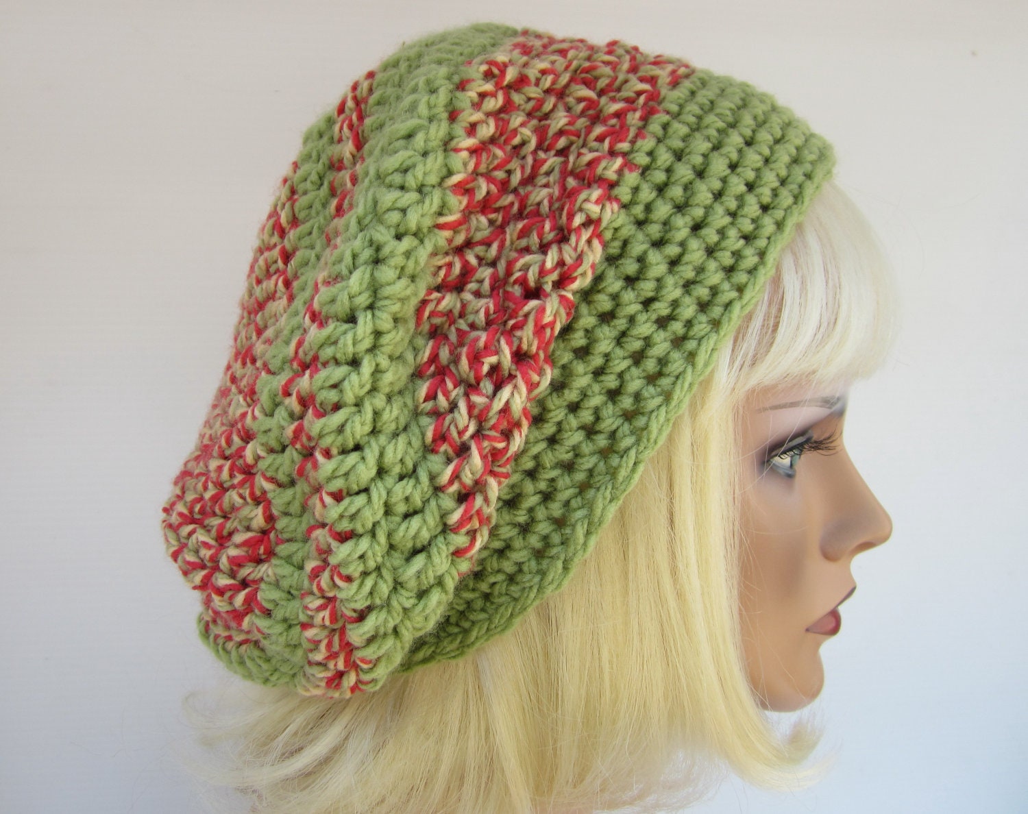 CROCHET SLOUCHY Beanie Tam with wide band - BULKY weight - Sage Green, True red and cream