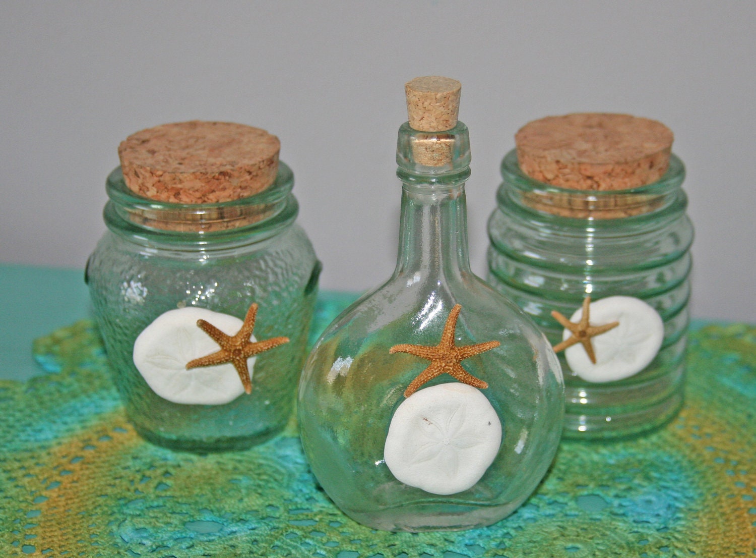 Darling Beach Glass Bottles With Sea Shell Accents
