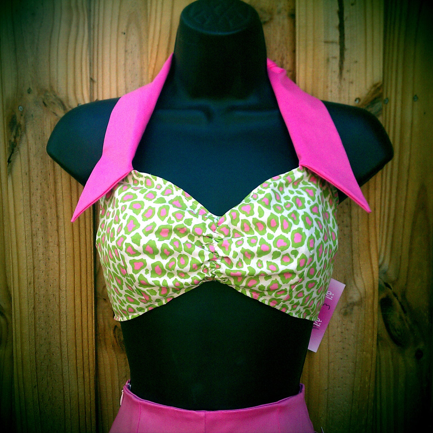 Bella Beach Top in Lime green and Pink Cheetah with Pink Collar
