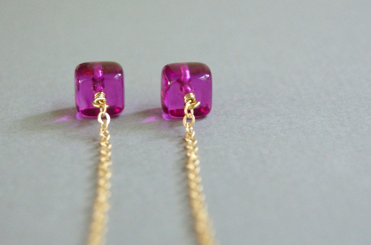Long Fuchsia Cube Bead Earrings - Glass, Pink, Gold