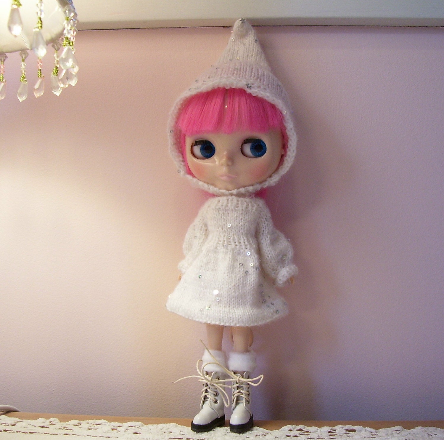 Blythe....Blythe Dress....Hand knitted Dress and Hat....Darling Little Sequins in the Yarn...Sooo Cute