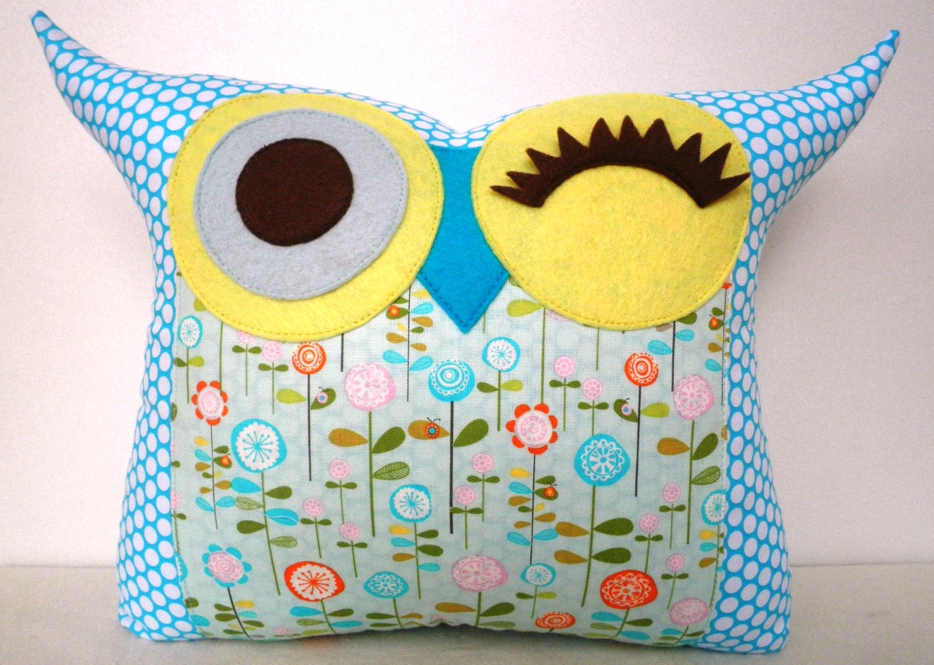 Aqua/blue Winky eye baby room decor/shower gift owl pillow
