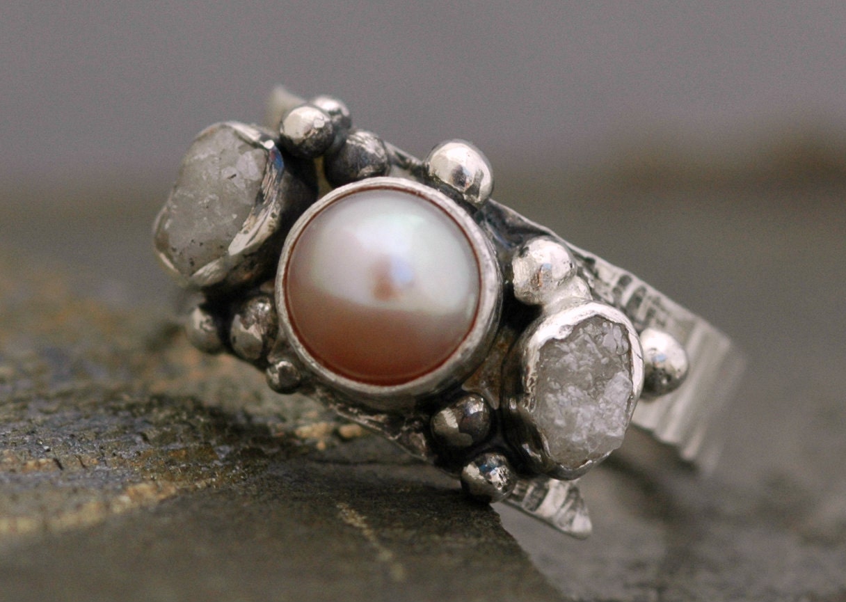 Raw Diamonds and Lavender Pink Pearl in Textured Sterling Silver Ring- Custom Made