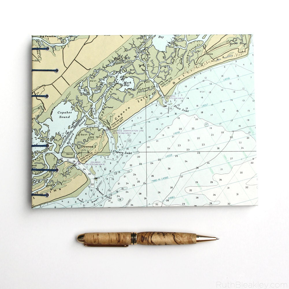 Bull Island Nautical Guestbook - Handmade Using Vintage South Carolina Chart