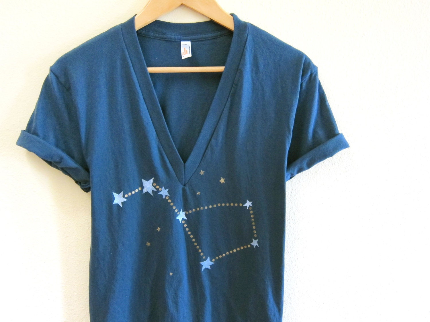 Big Dipper Hand STENCILED Deep V Neck Tunic Tee in Deep Sea Blue and Gold - XS S M L XL 2XL