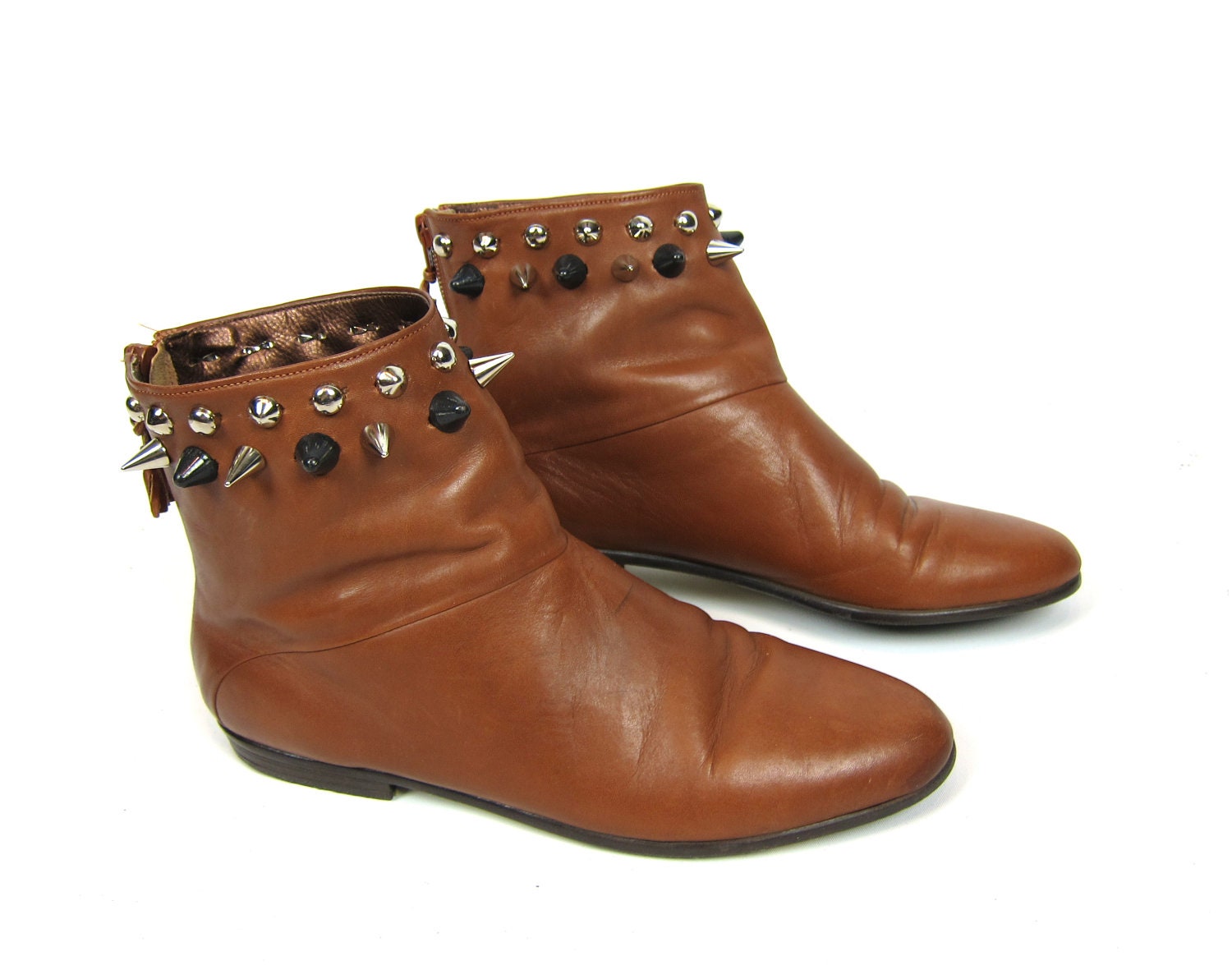 SALE Vintage UPCYCLED Silver and Black Super Spike Studded Leather Ankle Boots in Butterscotch - 7 7.5 8