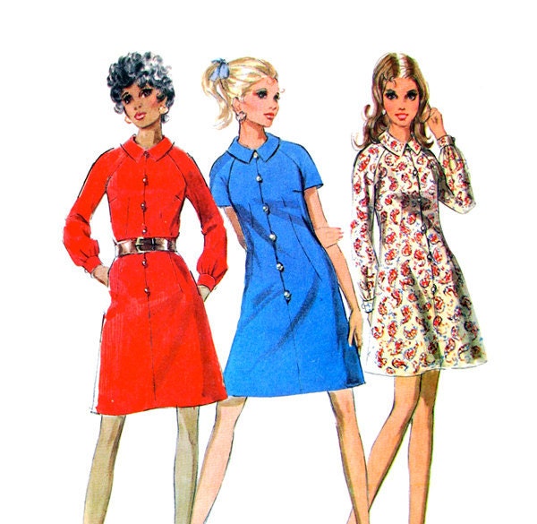 Vintage 1960s Buttoned Mini Dress Pattern McCalls 2015 Raglan Sleeves Bust 34