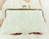 Bridal Wedding Purse Sea Breeze Pale Blue and Ivory Lace Clear Water White Large Size Purse Clutch Bag Ready to Ship - AtelierEdytaLoukia