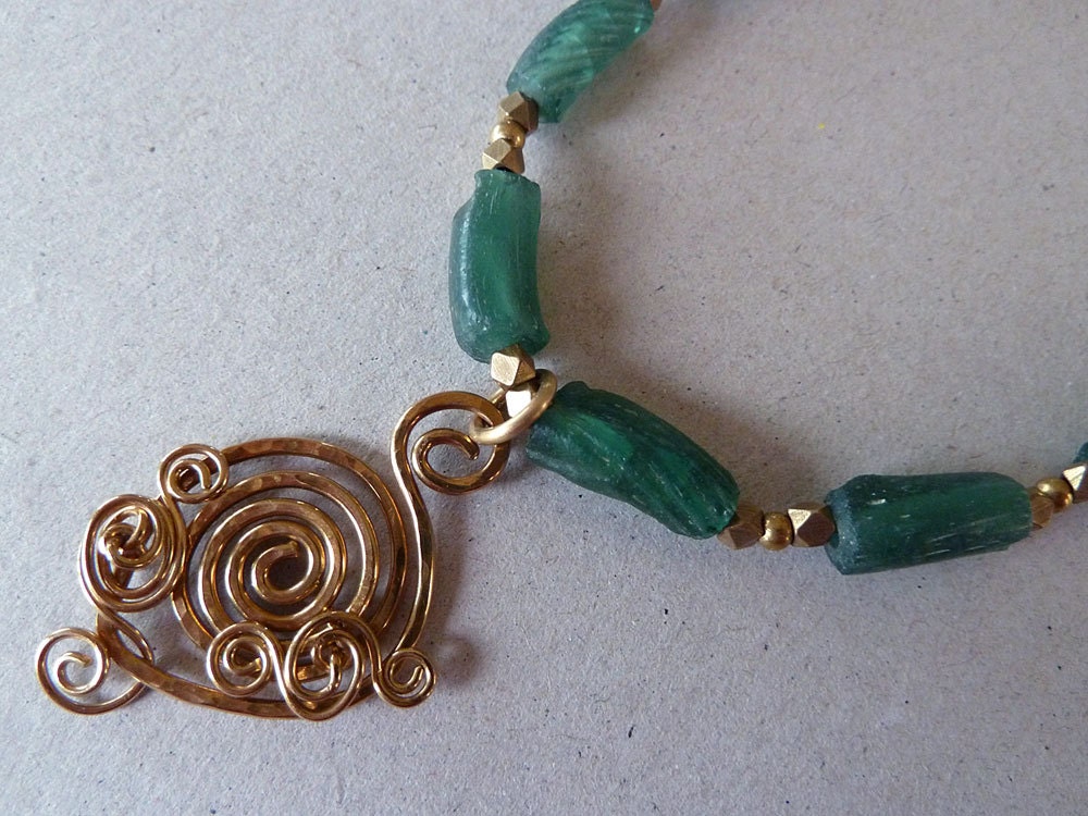 Teal Roman Glass Necklace with Handmade Brass Pendant
