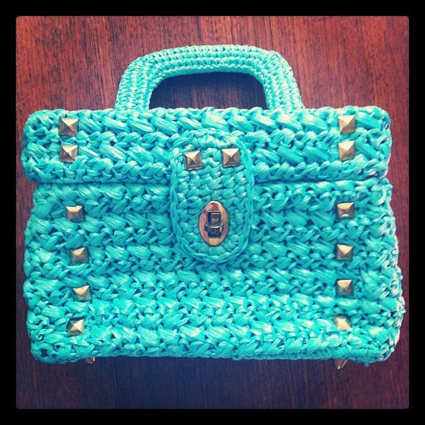 Vintage Sarné Teal Raffia Straw Brass Studded Square Box Handbag Purse