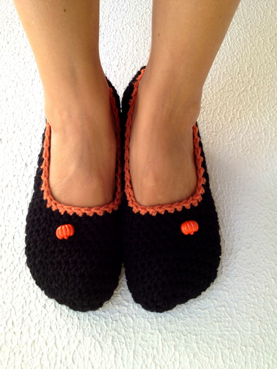 Halloween Tangerine tango Black Crochet Womens Slippers, Ballet Flats, House Shoes