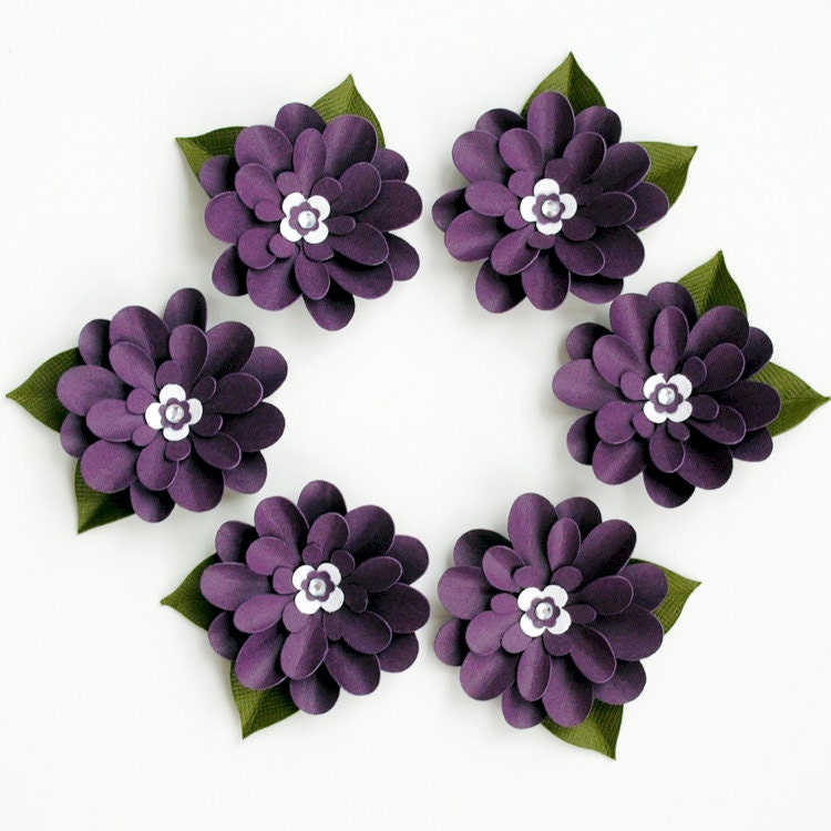 6 Purple Shmurple Dimensional PAPER FLOWERS with Mini RHINESTONE Centers