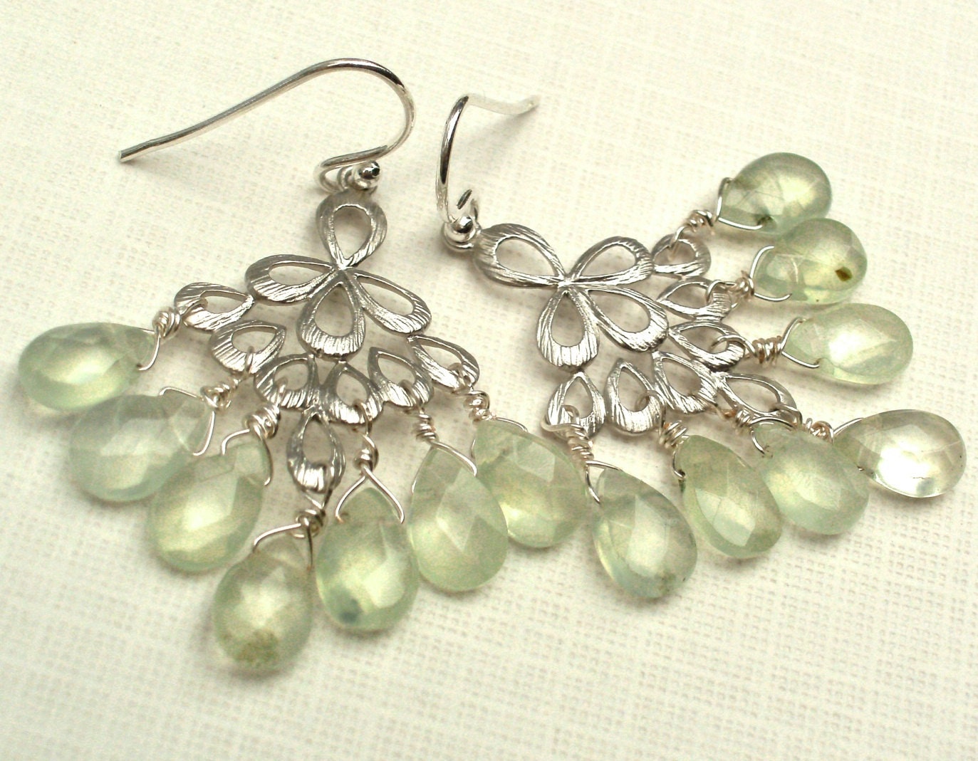 Peacock Chandelier Earrings With Faceted Green Garnet Briolettes Sterling Silver Earwires
