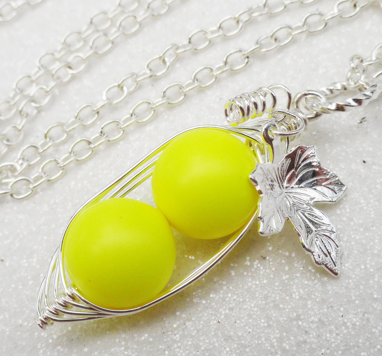 Two Peas In A Pod Neon Yellow Pendant Necklace - Retro Style