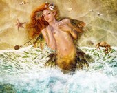 Washed Ashore Mermaid Art Print 11.5 x 12 inch Mermaid Illustration