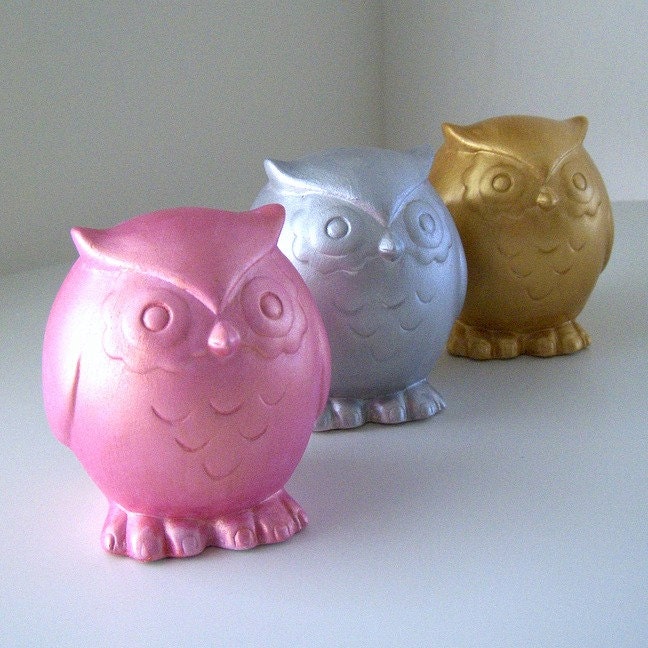 Ceramic Owls Trio Metallic Pink Silver Gold Woodland Decor Painted Modern Nature Birds Figurines Iridescent Home Decor - READY TO SHIP