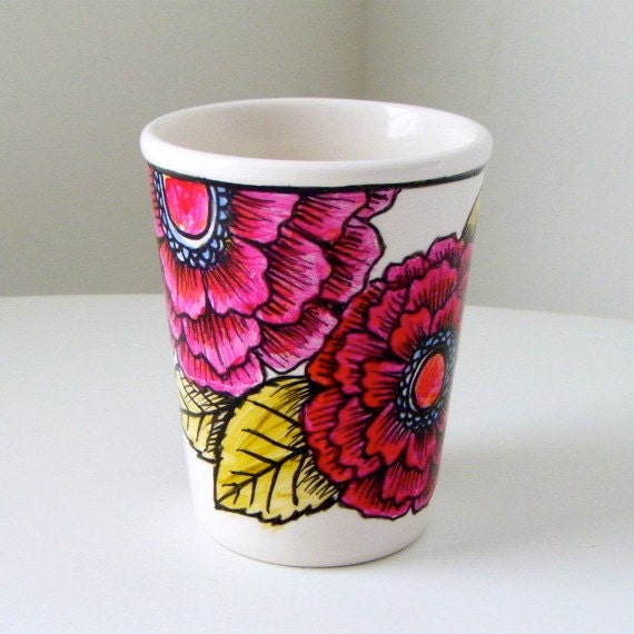 Ceramic Cup Hand Painted Fuschia Pink Flowers Botanicals Green Leaves Illustrated Drinkware - READY TO SHIP - sewZinski