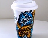 Ceramic Travel Mug Koi Fish Ocean Waves Japanese Tattoos Asian Art Hand Painted Orange Blue White