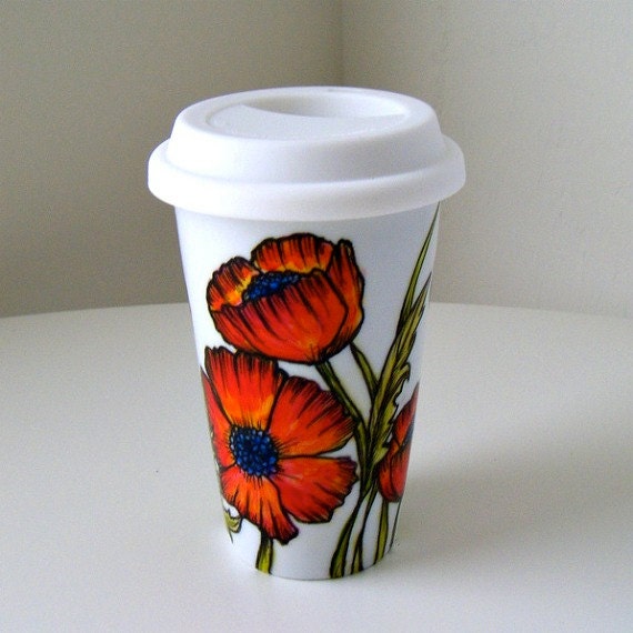 Ceramic Travel Mug Red Poppies Flowers Spring Orange Fall Botanicals Eco Friendly coffee cup green leaves