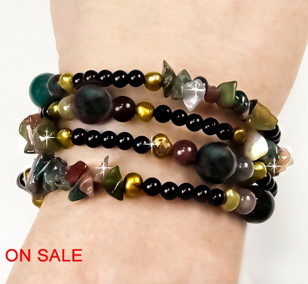 Beaded Gemstone Bracelet, Indian Agate, Black, Forest Green, Mauve, Gold Pearls, Dark Blue, Wrap Around Bracelet (B0002)ON SALE