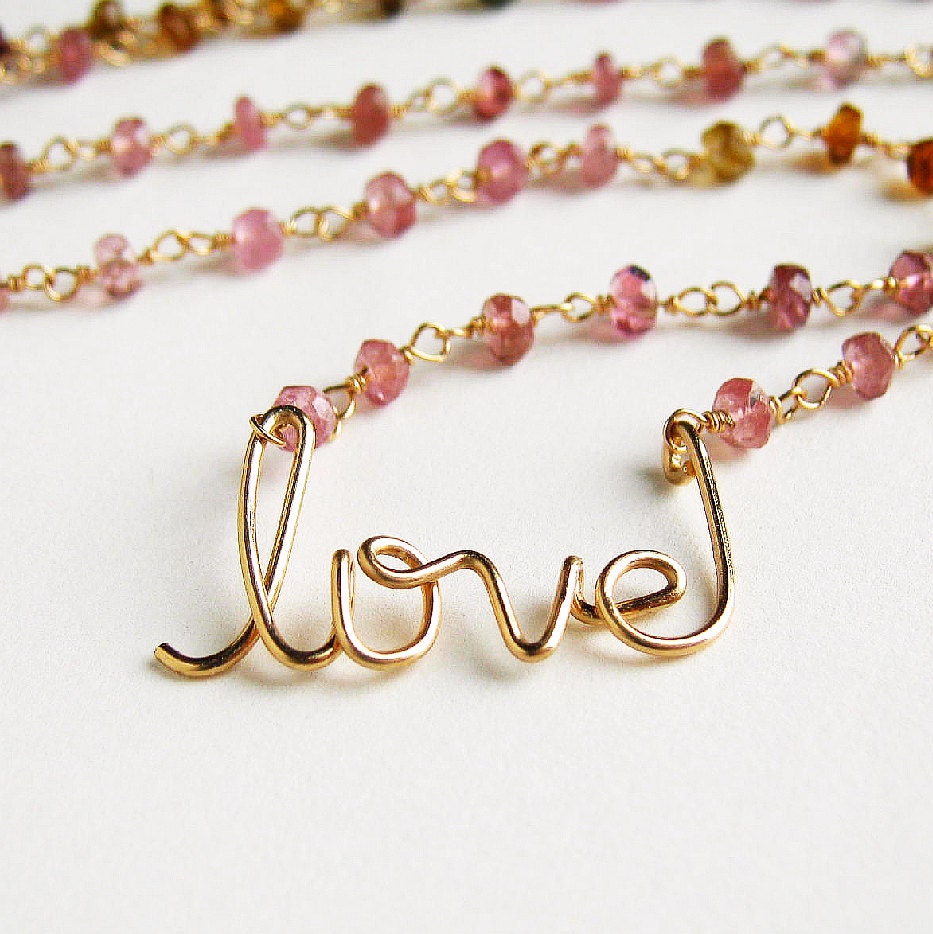 Gold Love Necklace with Watermelon Tourmaline