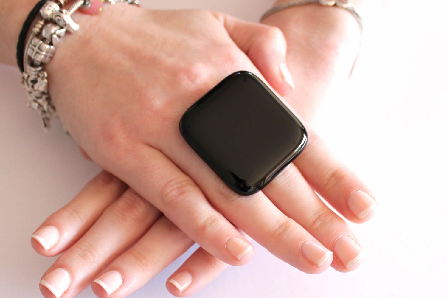 Cocktail Ring Black Glass  - big bold oversize handmade ring - 1.7 inch - BLACK VELVET
