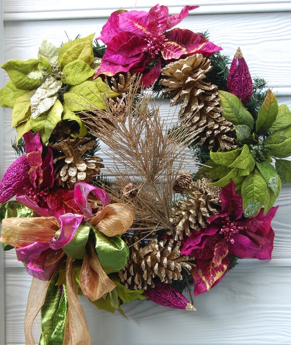 Lime Green and Fuschia Poinsetta Holiday Wreath