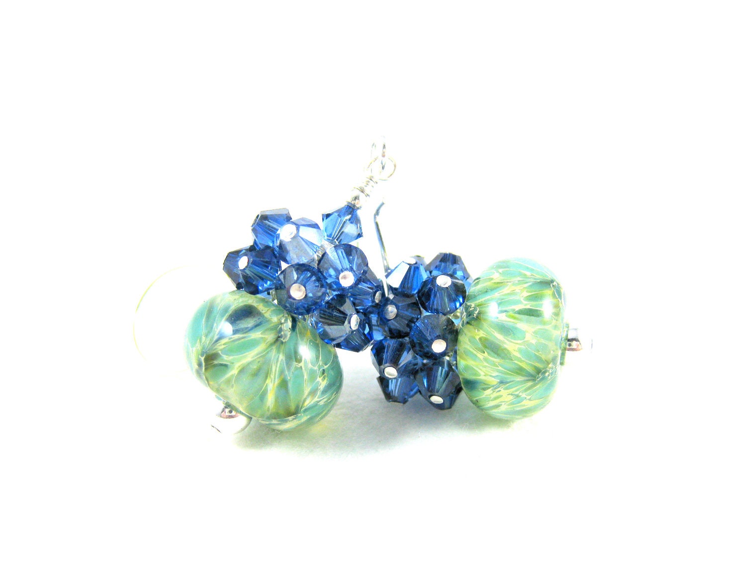Blue & Green Earrings, Blue Crystal Cluster Earrings, Boro Lampwork Earrings, Beadwork Earrings, Mint Green Earrings - Aegean Sea
