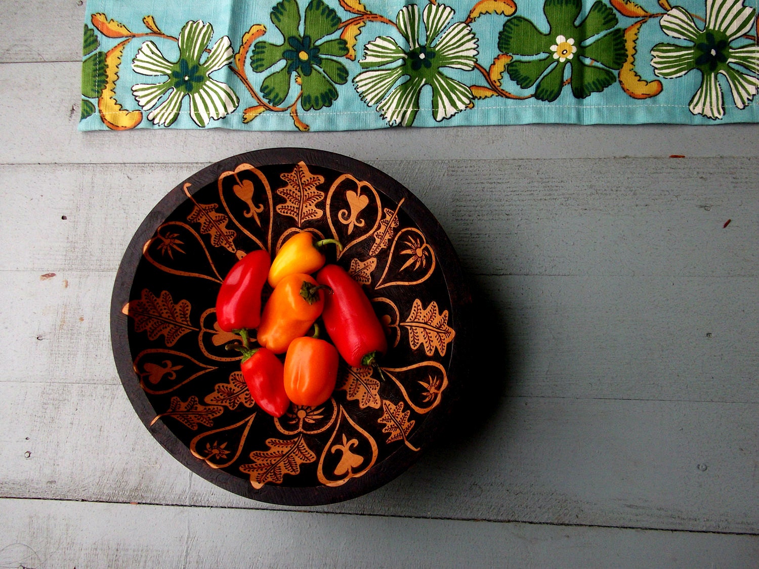 wooden serving bowl-salad-fruit-ooak bleeding heart digitalis- mandala -design -wood burning- housewares-dining and entertaining