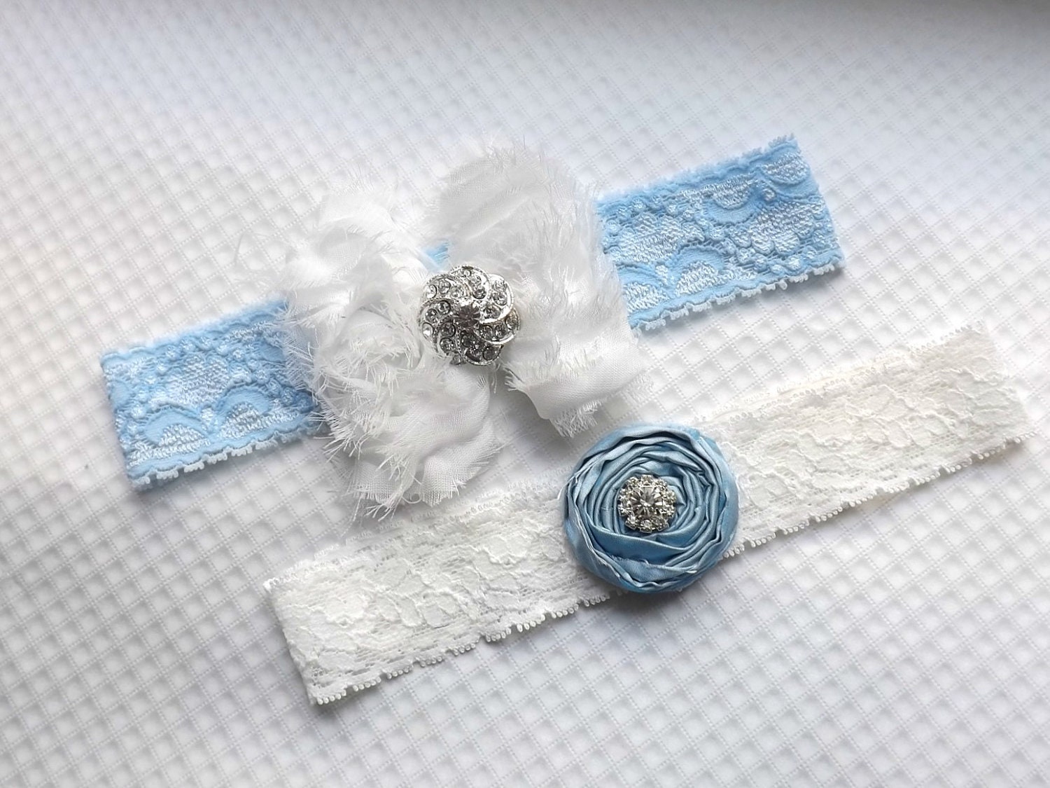 Wedding Garter - Ivory and Tiffany Blue Garter Set -  Vintage Garter Set - Something Blue Garter Set