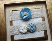 Wedding Garter - Bridal Lace Garter - Vintage Cream Garter Set - Cream Lace Garter Set - Something Blue Bridal Garter Set