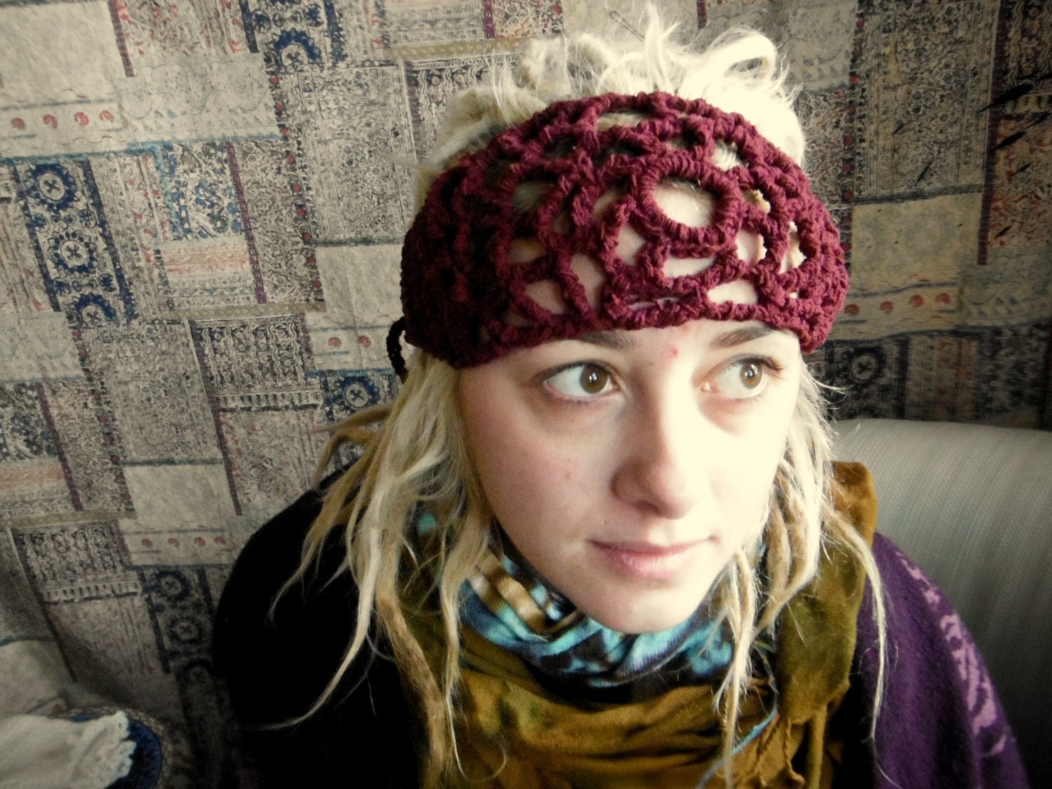 Burgundy free form crochet dread wrap / head band
