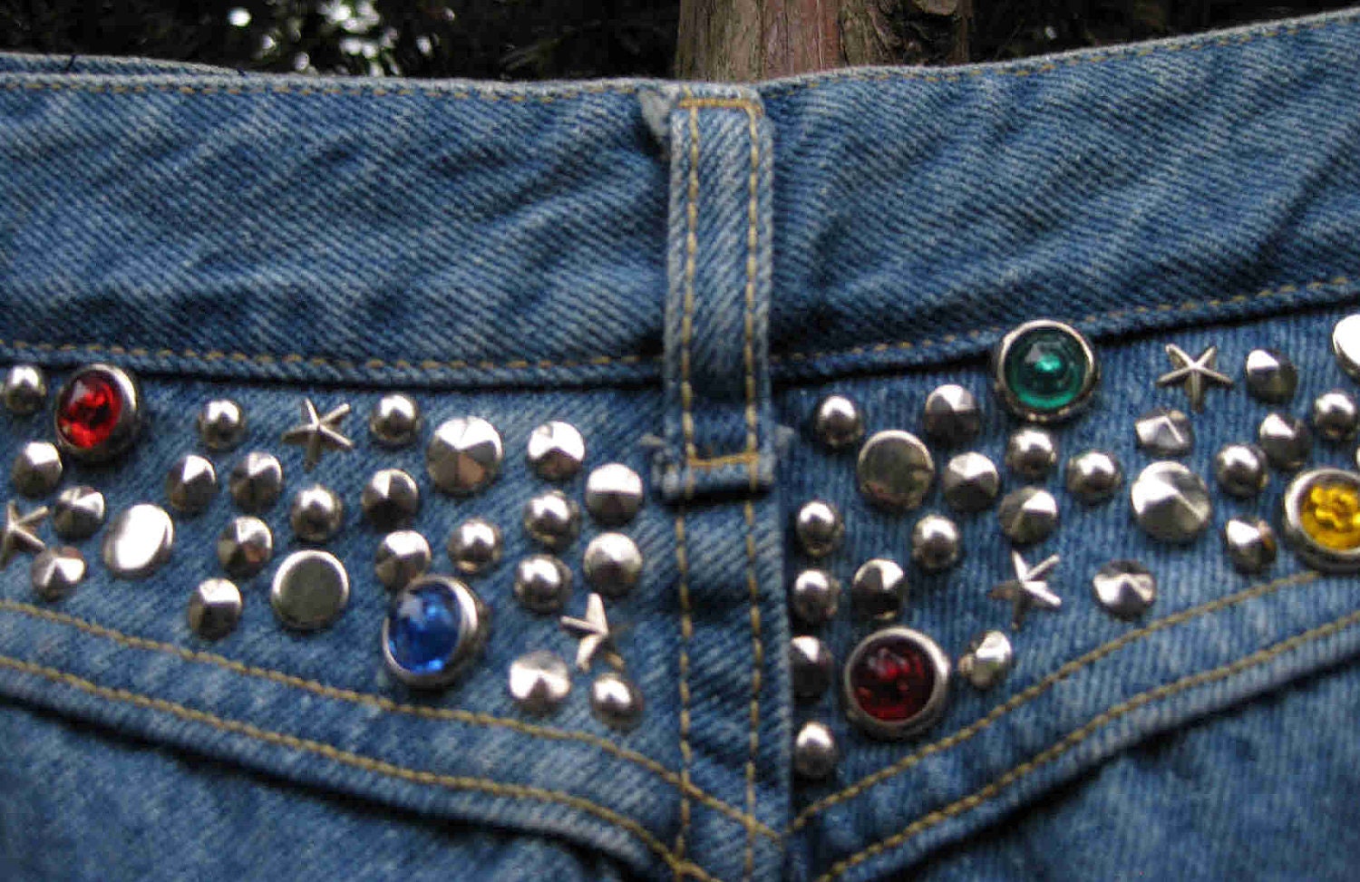 80s STUDS n STONES PUNK era jeans, 1980's studded, rhinestone blue American made high waisted denims
