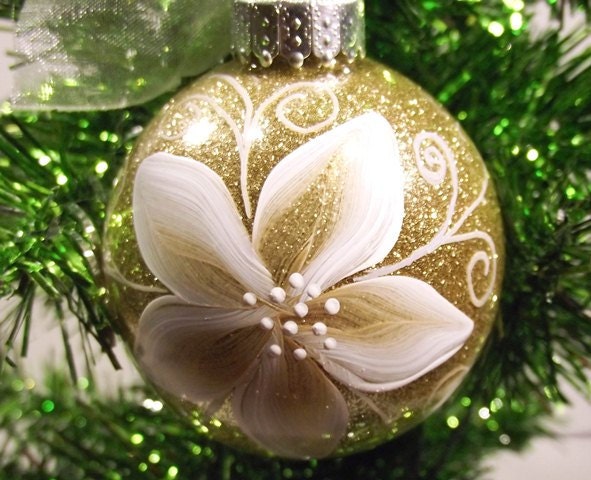 Gold Christmas Ornament with white and gold Poinsettia can be personalized - PrettyStrokes
