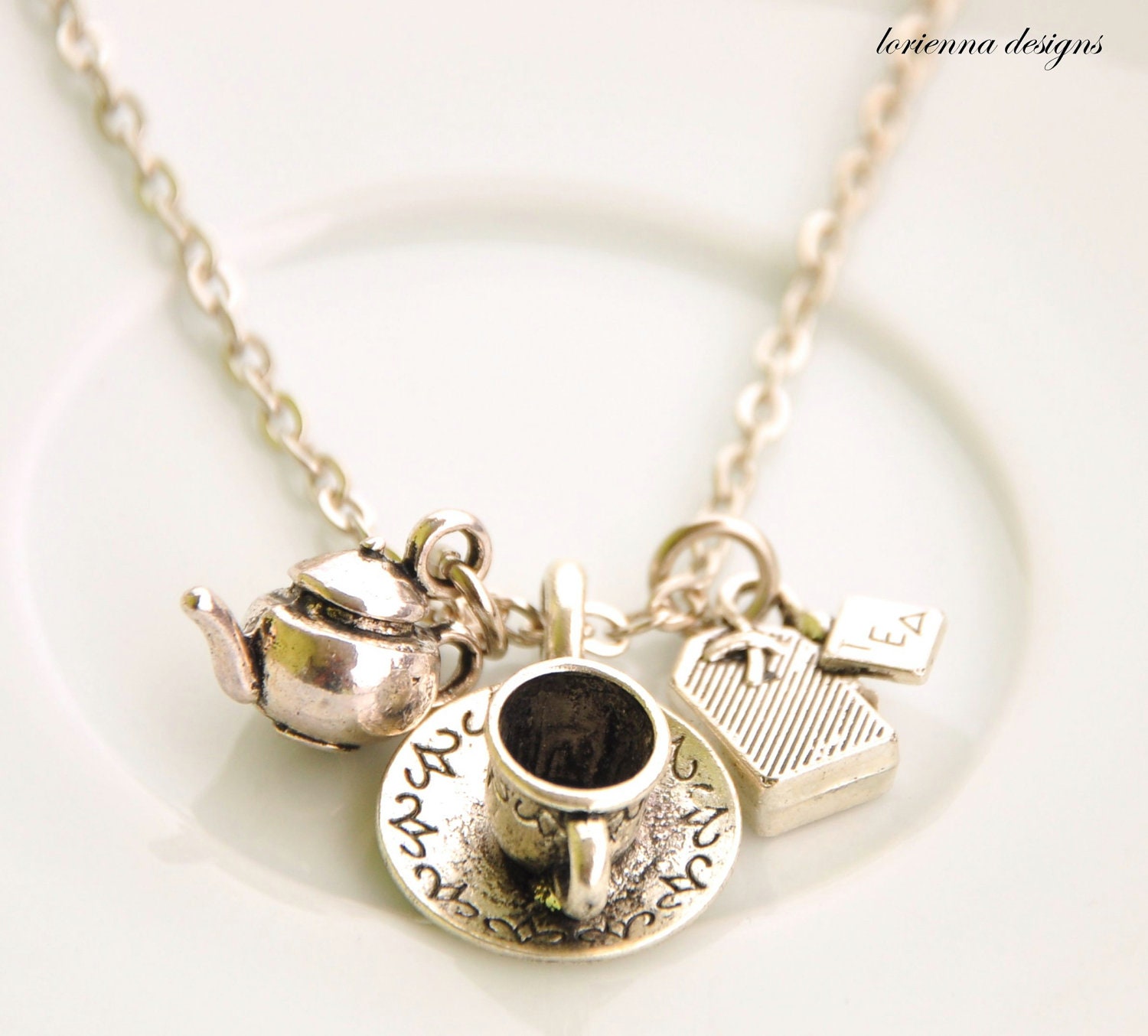 teapot necklace - charm necklace - time for a hot drink - teapot, tea cup and tea bag necklace - alice in wonderland