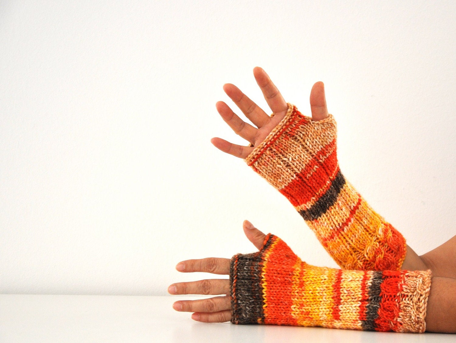 Mittens Long Gloves Fingerless Gloves Arm Warmers Knit Yellow Orange Brown Autumn Accessories Fall Fashion Fall Colors - reflectionsbyds
