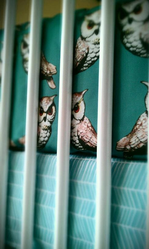 Owls in Teal and Aqua  baby bedding  made exclusively by Birds Have Flowers